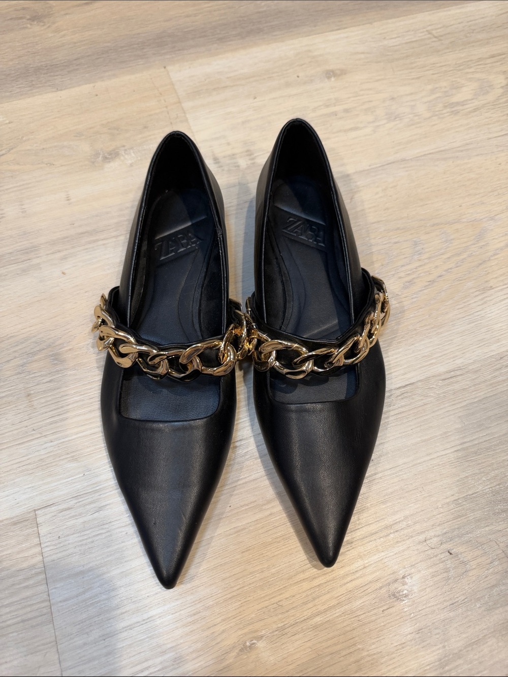 Zara Black Pointed Flats with Chunky Gold Chain